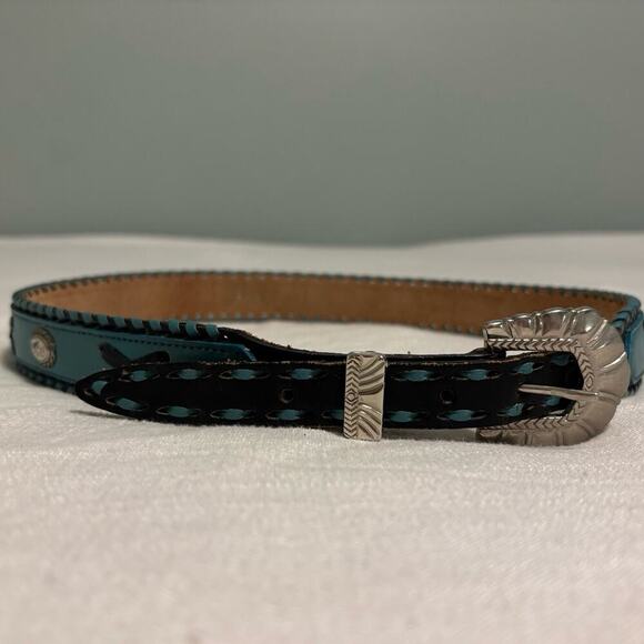 Nocona Belt Co. Western Blue Leather Belt w/Silver Buckle and Conchos Size 34 - Picture 1 of 5